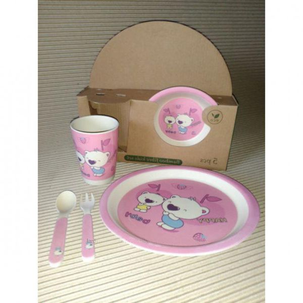 N02330 - Набір бамбукового посуду (для дітей) рожевий — Ведмедики коали, 5 предметів, Eco Bamboo N02330