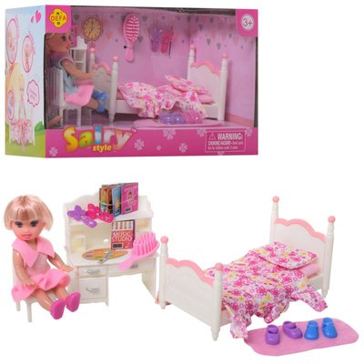 Ігровий набір маленька лялька пупс з набором меблів дитяча, донька барбі, спальня, ліжко 8393