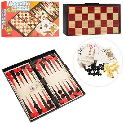 9841 - Дорожній набір ігор магнітний 4 в 1 шахи, шашки, нарди та колода карт