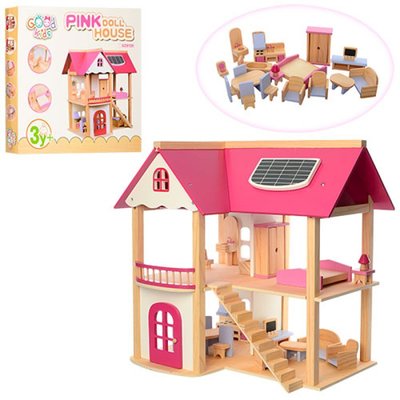 Будиночок Дерев'яний великий двоповерховий для невеликих ляльок із меблями й аксесуарами, будинок для ляльок 1068