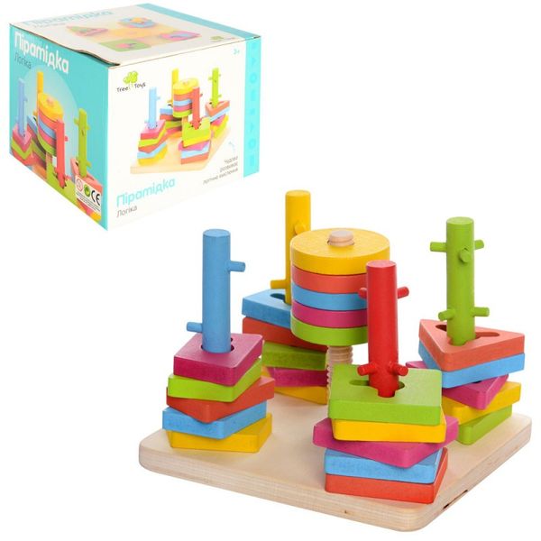 0061 - Дерев'яна гра для малюків пірамідка - ключ, сортер, геометрія, логічна пірамідка