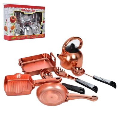 Набір іграшкового посуду з чайником, сковорідками і формою для запікання, стилізовано під метал 1768240548 фото товару