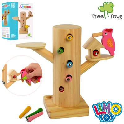 Limo Toy MD 2850 - Деревянная обучающая и развивающая игрушка накорми птенца дятла, магнитная, птичка дятел, дерево, гусеницы.