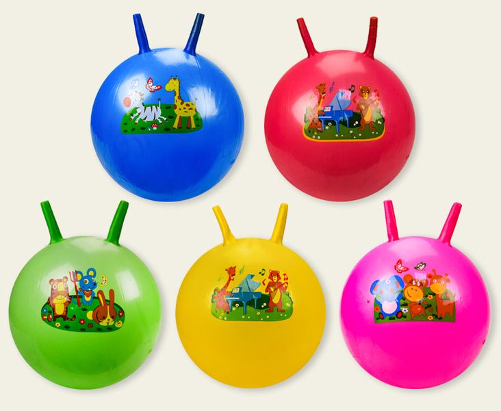 6504 - Детский Мяч для фитнеса 55см, Фитбол с ручкой рожками, резина, микс цветов, в кульке