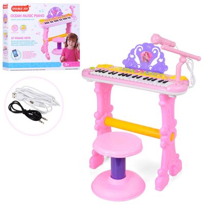 Play Smart 888-15A - Детский музыкальный центр Синтезатор розовый для девочки, 37 клавиш, стульчик, запись, MP3, USB, 888-15А