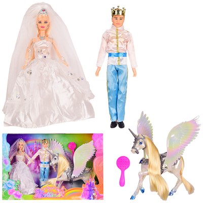 Игровой набор - принцесса и принц с лошадью - крылатый единорог, кукла невеста и кен 68250, 68239