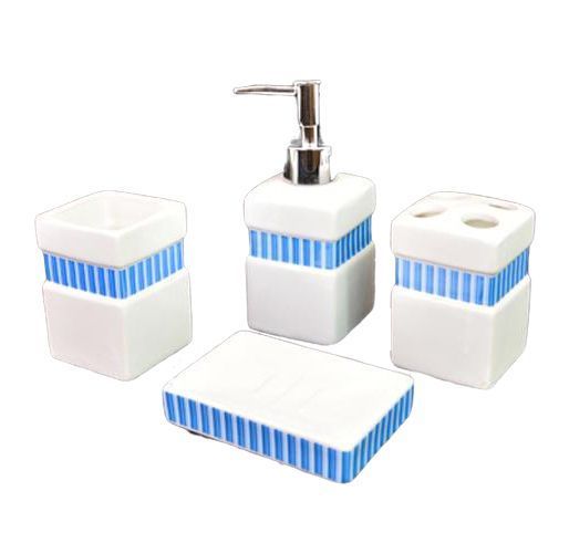 Stenson WW00766 - Набір для ванної кімнати біло-блакитний керамічний 4 предмети з дозатор для мила