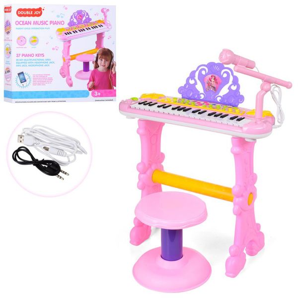 Play Smart 888-15A - Дитячий музичний центр Синтезатор рожевий для дівчинки, 37 клавіш, стільчик, запис, MP3, USB, 888-15А