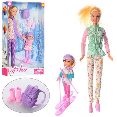 Defa 8356 - Лялька з донечкою на лижах, серія ляльок спортсменка, лижі, рюкзак