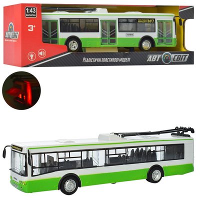 Автопарк 1824,9690 - Троллейбус 28 см модель бело зеленная масштаб 1:43, звук, свет, инерция, двери откр, Автосвіт 1824