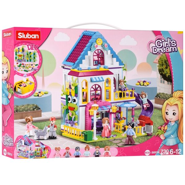 Sluban 0974 - Конструктор для дівчинки великий будиночок на 2 поверхи з горкою, 730 деталей