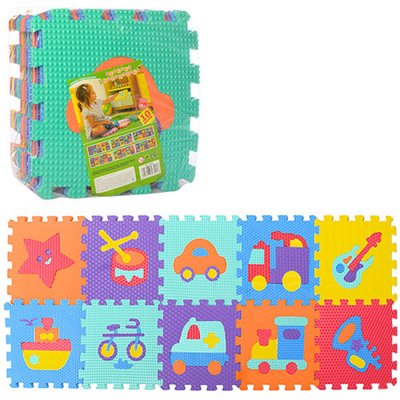 Дитячий килимок Мозаїка Пазл для підлоги Масажний EVA M 3520, 10 деталей, 6 текстур, машинки та інструменти M 3520