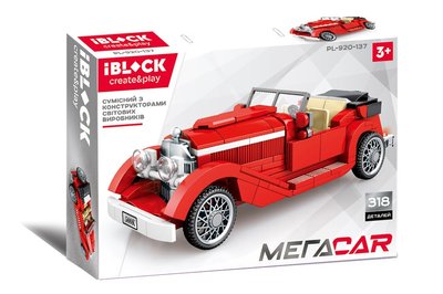 IBLOCK PL-920-137 - Конструктор машина Технік - Ретро-автомобіль червоний на 318 деталей, Mega Car серія моделі машин