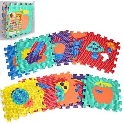 Детский Коврик Мозаика Пазл для пола Массажный EVA, 10 деталей, 6 текстур, фрукты и овощи M 2622