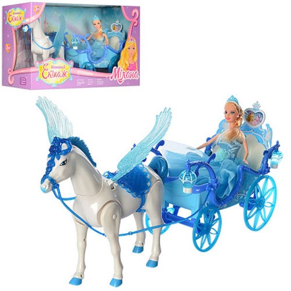 Подарунковий набір Лялька з каретою і конем з крилами блакитна 227A в коробці 56-19-30 см 618469693 фото товару