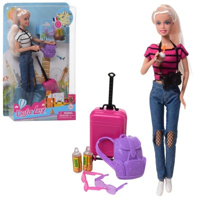 Defa 8389-BF - Кукла путешественница, чемодан на колесах, рюкзак, фотоаппарат, джинсы