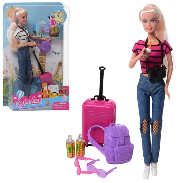 Defa 8389-BF - Лялька мандрівниця, валіза на колесах, рюкзак, фотоапарат, джинси