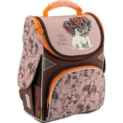 GO18-5001S-8 - Ранець (рюкзак) — каркасний шкільний для дівчинки — Собачка Мопс, стильний коричневий, GO18-5001S-8